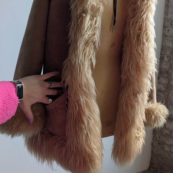 70s Vintage Brown Leather Penny Lane Coat Tan Suede Fur Groovy Boho Afghan Coat - Picture 6 of 10